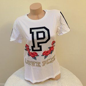 Victoria’s Secret PINK Bling Embellished Roses Floral Campus Tee Shirt Top XS